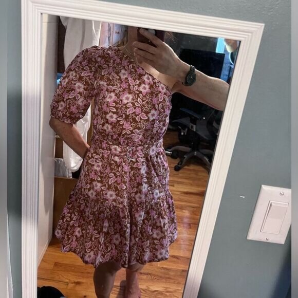 Jason Wu one shoulder floral cotton blend belted mini dress. M - Picture 6 of 16